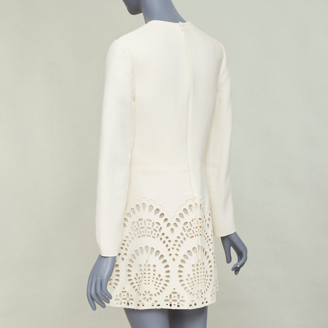 VALENTINO ivory wool silk crepe embroidered anglais shift dress IT40 S