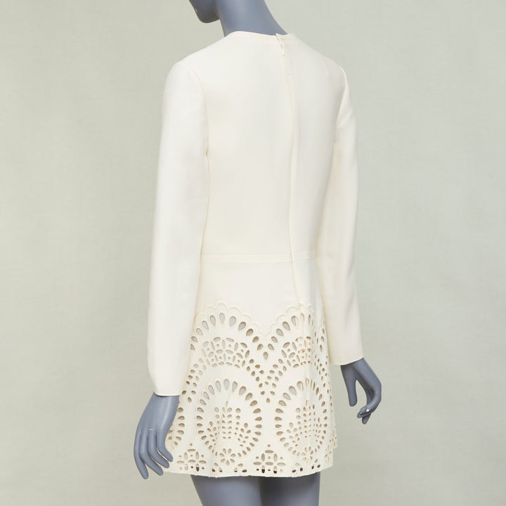 VALENTINO ivory wool silk crepe embroidered anglais shift dress IT40 S