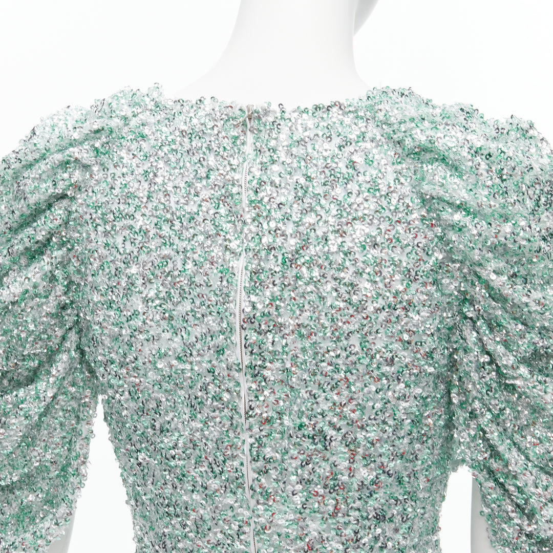 HALPERN seafoam green silver sequins deep V puff sleeves top FR36 XS