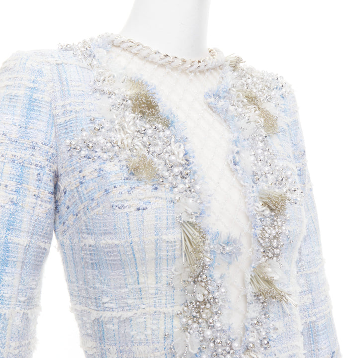 rare BALMAIN blue white tweed pearl bead embellished plunge mesh dress FR34 XS