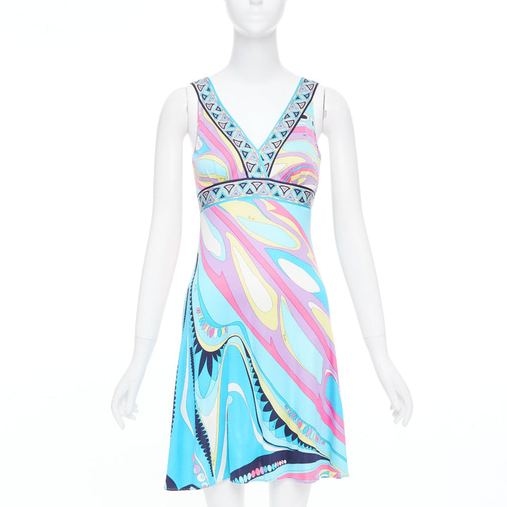EMILIO PUCCI 100% silk light blue kaleidoscopic print mini dress IT40 S