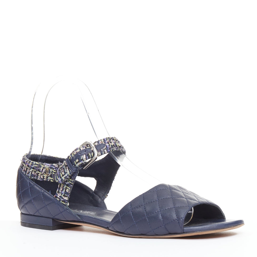 CHANEL navy quilted lambskin leather metallic tweed mary jane sandals EU39