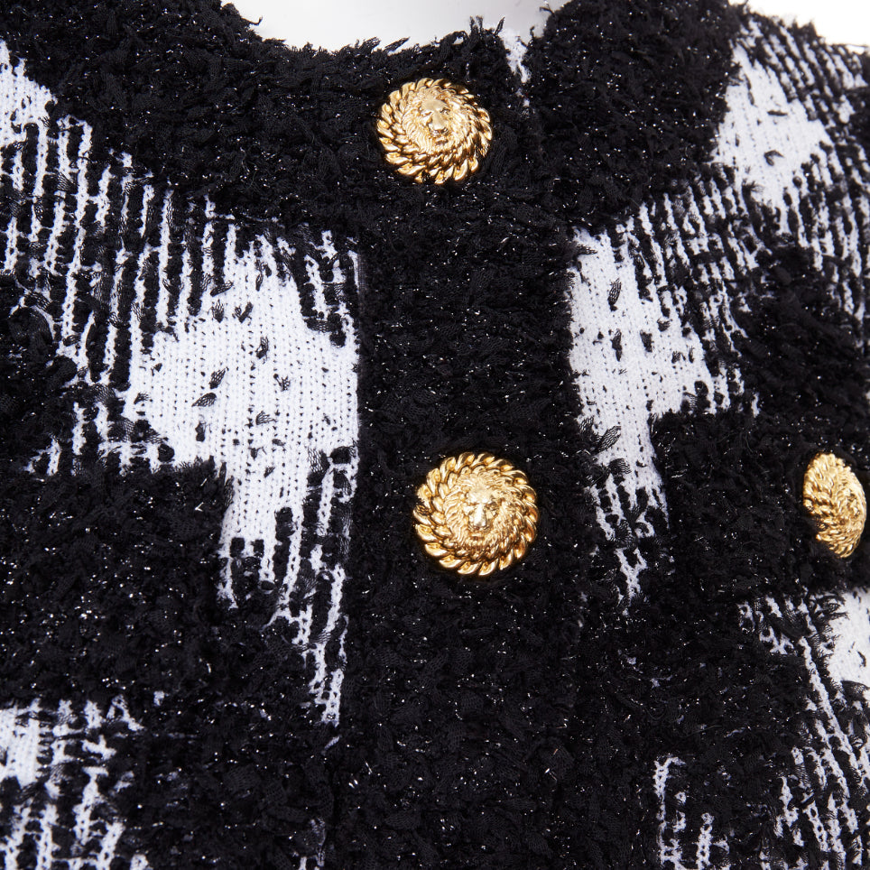 BALMAIN 2023 metallic vichy plaid houndstooth check knit crop cardigan FR34 XS