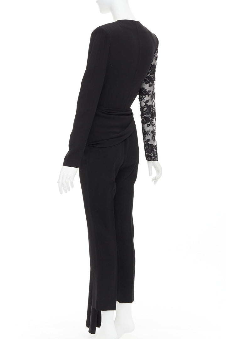 GIVENCHY black silk cotton blend intricate lace trim wrap jumpsuit FR36 S