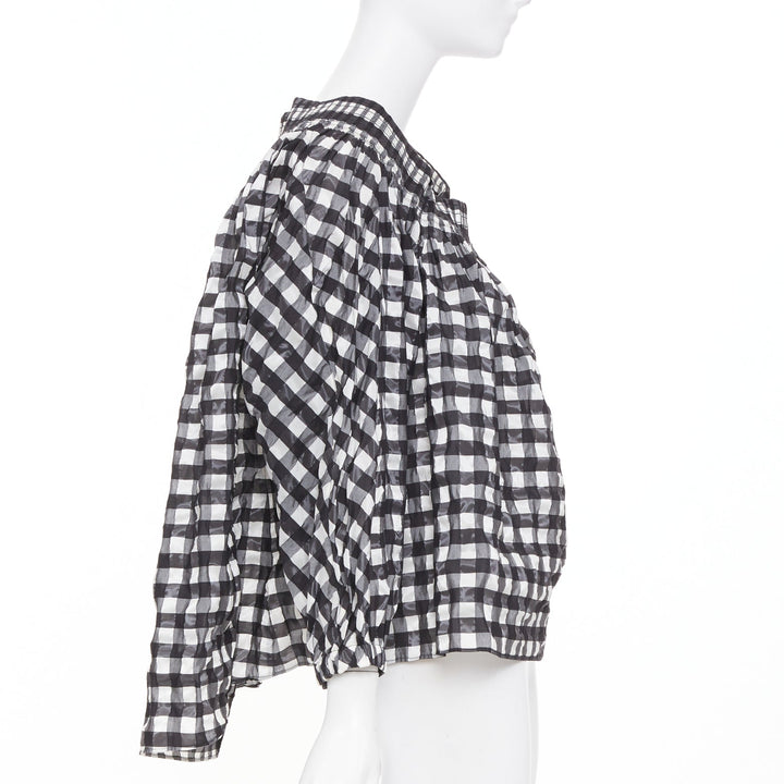 ALAIA black white checked gingham smocked neck asymmetric loose top FR36 S