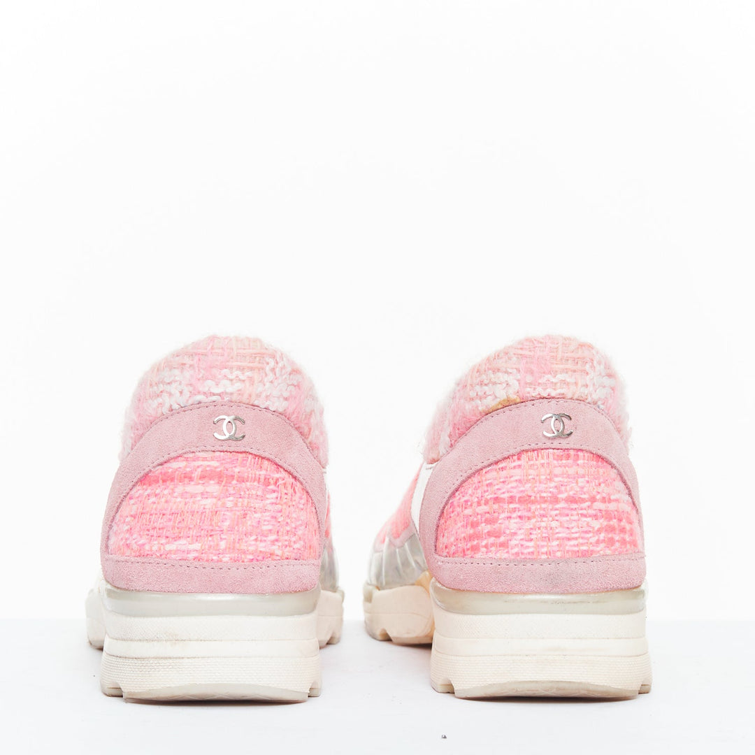 CHANEL 2014 pink tweed silver holographic silver leather sneakers EU38.5