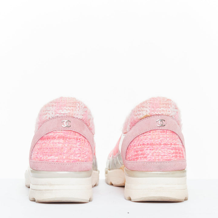CHANEL 2014 pink tweed silver holographic silver leather sneakers EU38.5