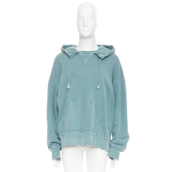 ANCELLM teal blue washed cotton drawstring distressed oversized hoodie JP1 S