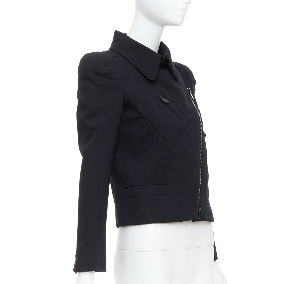 GUCCI 2007 black wool blend 3D shoulder biker crop jacket IT38 XS