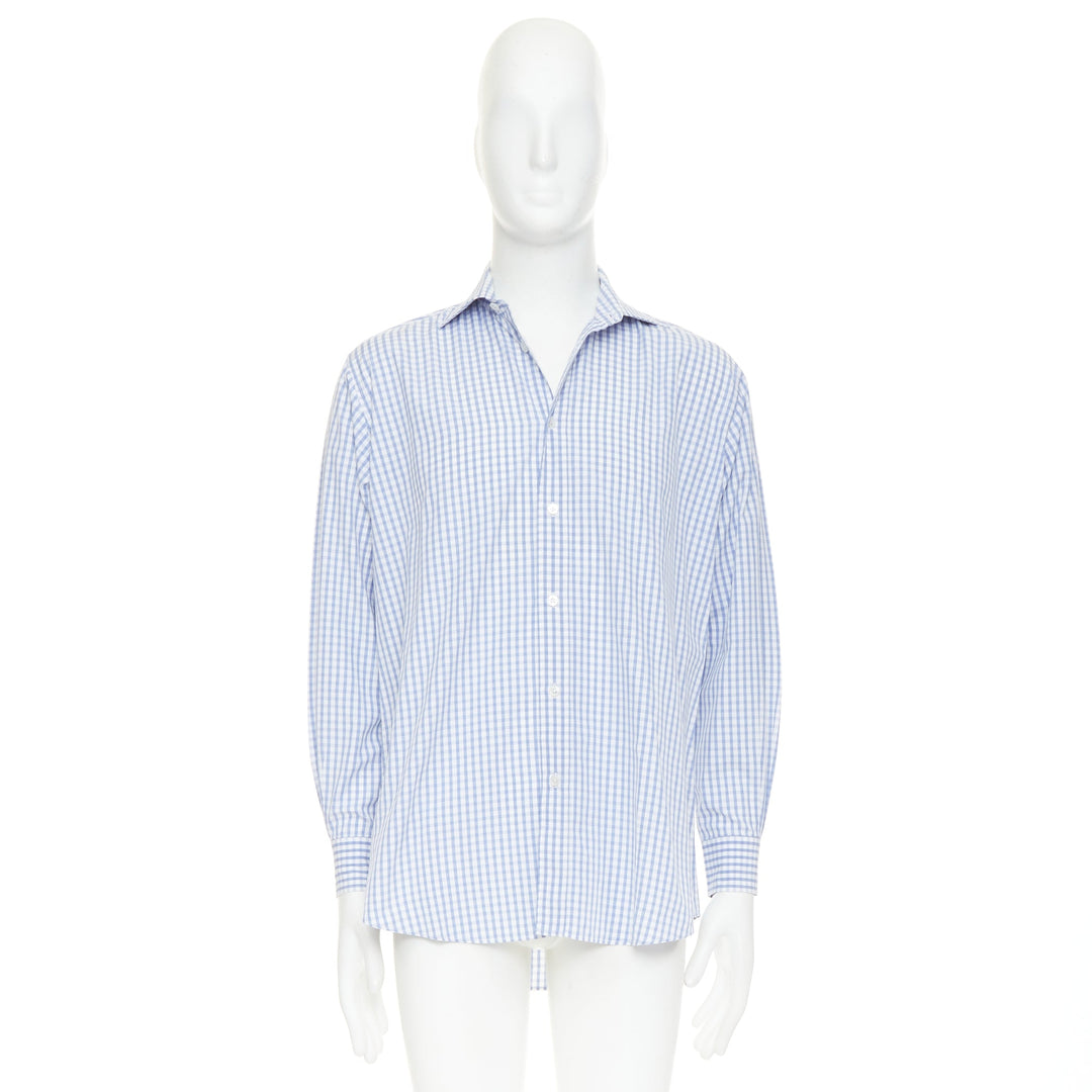 HERMES  blue white checked 100% cotton collared long sleeve shirt EU39 M