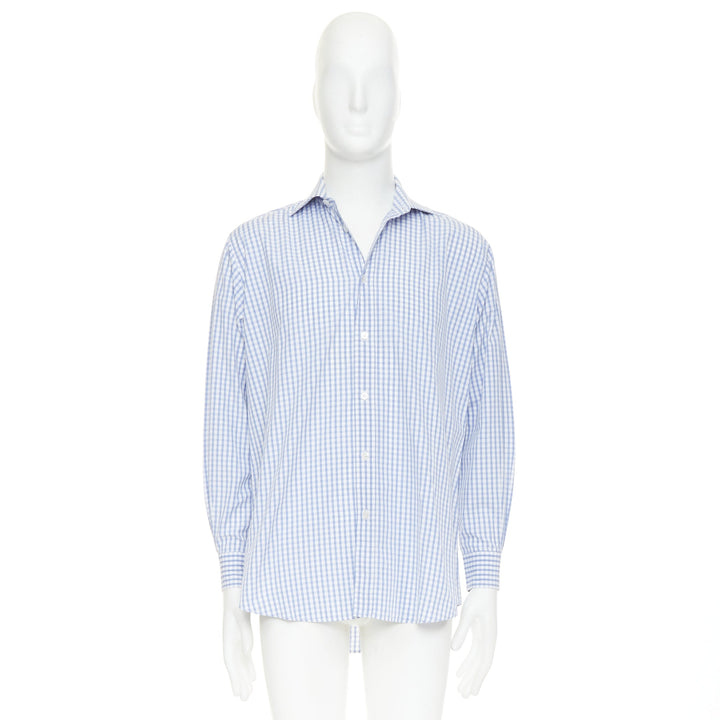 HERMES  blue white checked 100% cotton collared long sleeve shirt EU39 M