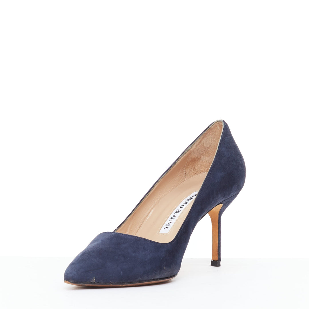 MANOLO BLAHNIK BB 70 navy suede leather point toe pumps EU36.5