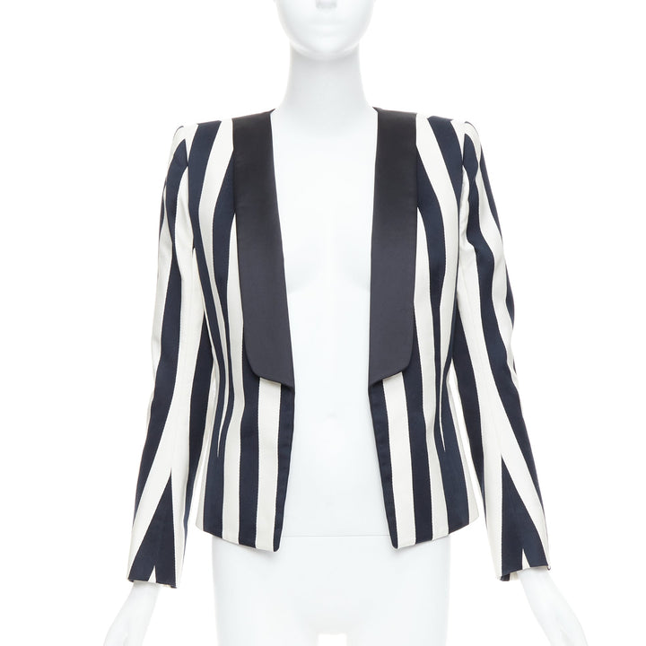 BALMAIN black white cotton blend bold striped power shoulder blazer FR38 M