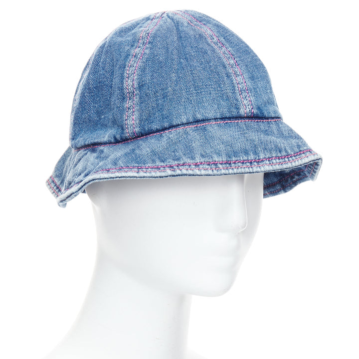 CHANEL 2022 washed blue denim silver CC logo red topstitch bucket hat M