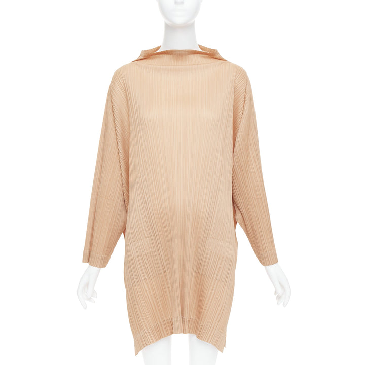 ISSEY MIYAKE Pleats Please brown funnel neck plisse mini dress JP3 L