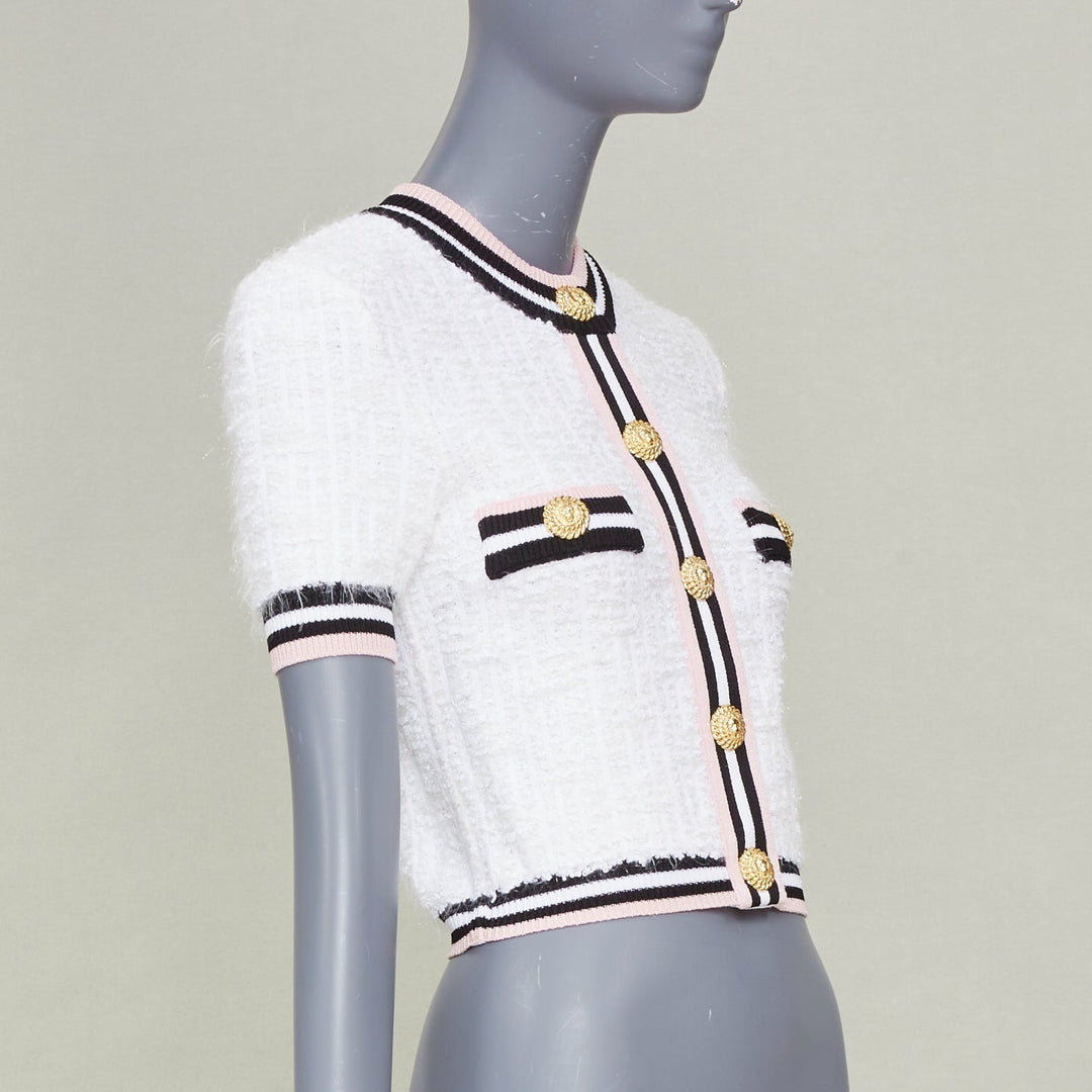 BALMAIN 2024 maze knit striped border short sleeve lion button cardigan FR34 XS