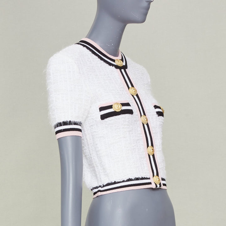 BALMAIN 2024 maze knit striped border short sleeve lion button cardigan FR34 XS