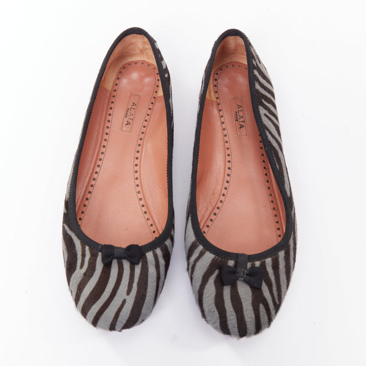 ALAIA grey black calf hair zebra print black grosgrain bow ballet flats EU37
