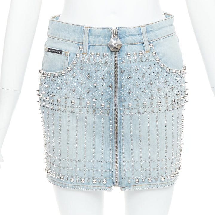 PHILLIP PLEIN New Skirt blue cotton stud crystal front zip skirt 25"