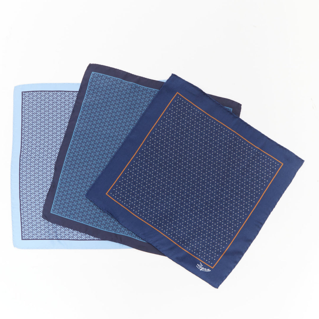 ERMENEGILDO ZEGNA Set of 3 blue geometric polka dot silk pocket square scarf
