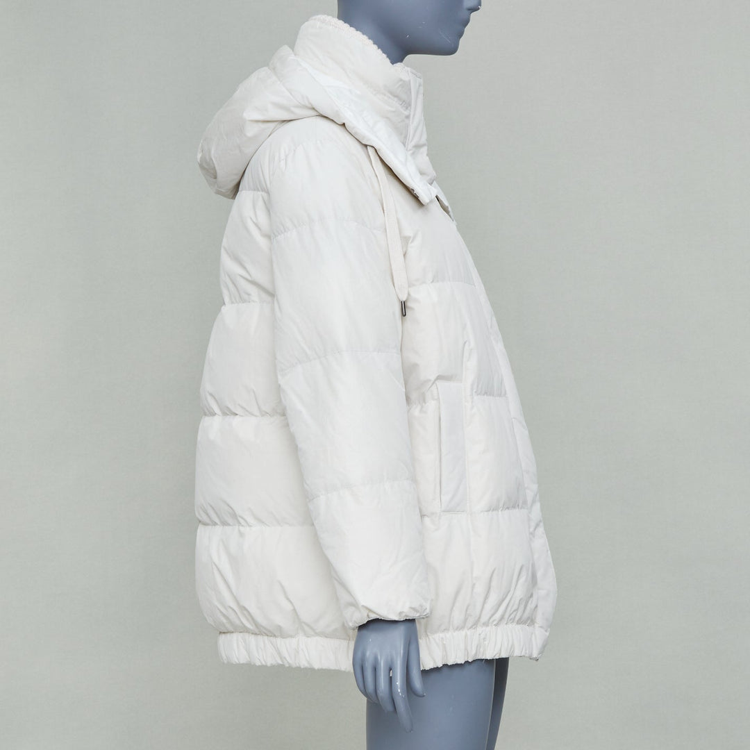 BRUNELLO CUCINELLI white puffer hooded cashmere trim down coat jacket IT40 S