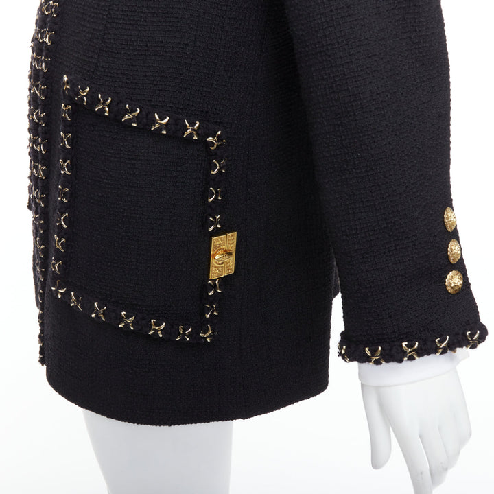 CHANEL 17A black tweed gold crosshatch braided Lionheart button long coat FR44