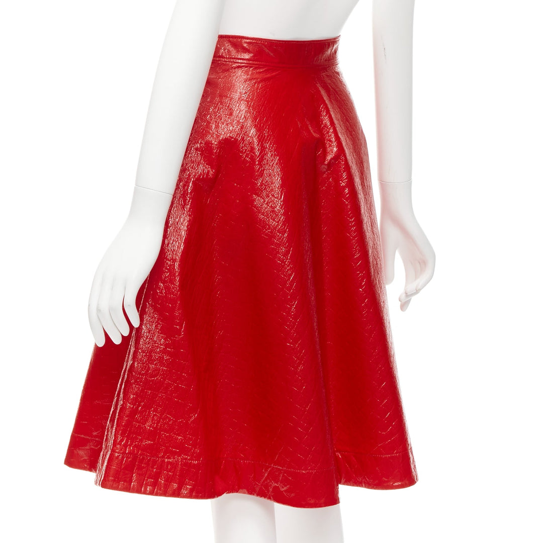 MSGM red faux patent high shine crinkled A-line flared skirt IT38 XS