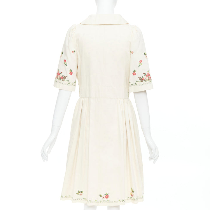 KENZO cream pink floral embroidery cotton peter pan coat dress FR38 M