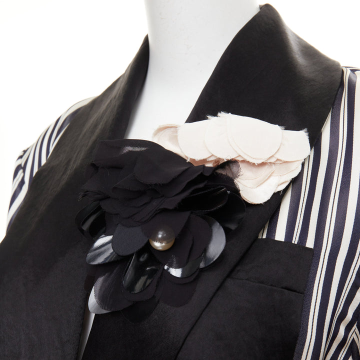LANVIN grey black striped viscose floral applique belted robe outerwear FR34 XS