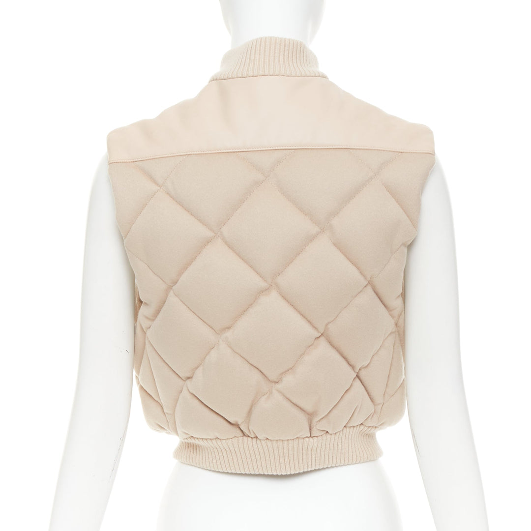 HERMES beige quilted waterproof 100% cashmere lambskin down puffer vest FR34 XXS