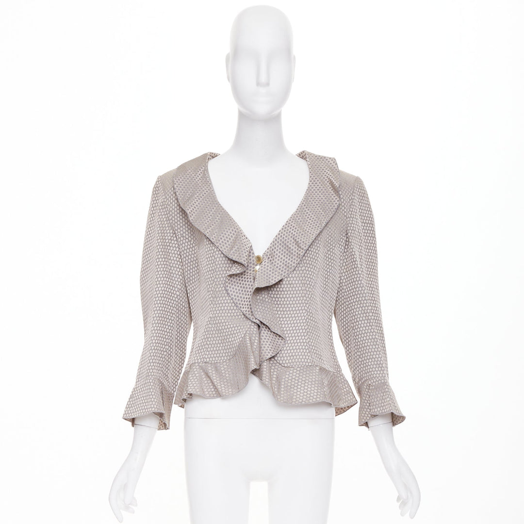 GIORGIO ARMANI grey honeycomb woven linen blend ruffle cropped jacket IT46 L