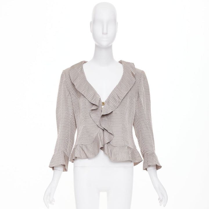 GIORGIO ARMANI grey honeycomb woven linen blend ruffle cropped jacket IT46 L