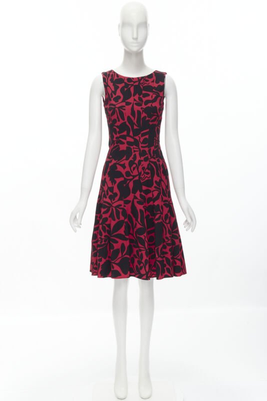 OSCAR DE LA RENTA red black floral print panelled fit flared dress XS