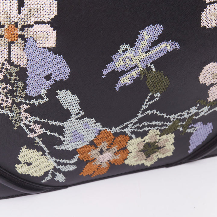 ALEXANDER MCQUEEN black lambskin leather floral embroidered 2 way satchel bag