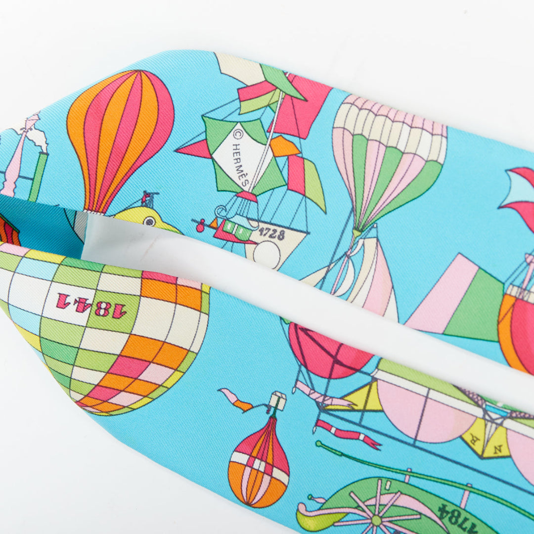 HERMES 2022 Les Folies du Ciel silk twill hot air balloon twilly scarf blue