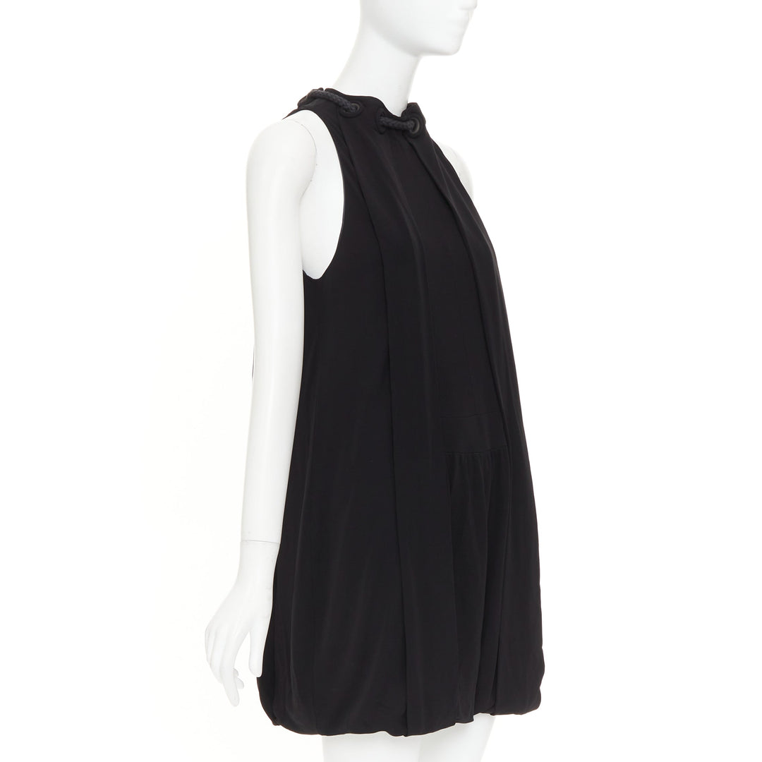 BALENCIAGA 2007 rope eyelet gathered neck black silk drop waist dress FR36 S