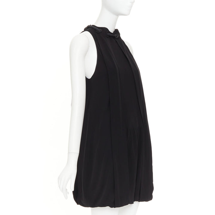 BALENCIAGA 2007 rope eyelet gathered neck black silk drop waist dress FR36 S