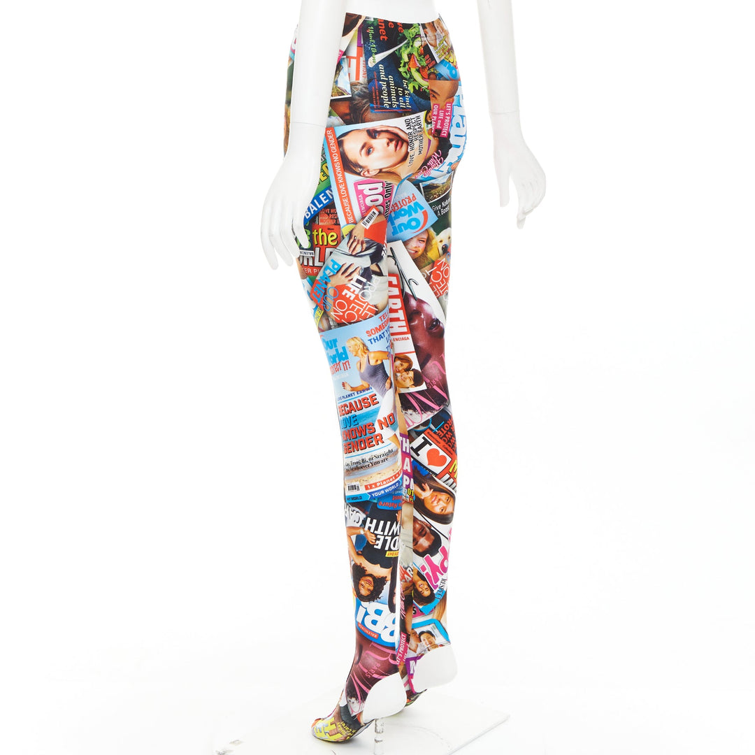 BALENCIAGA Demna 2019 Magazine Dynasty tabloid print stirrup leggings FR34 XS