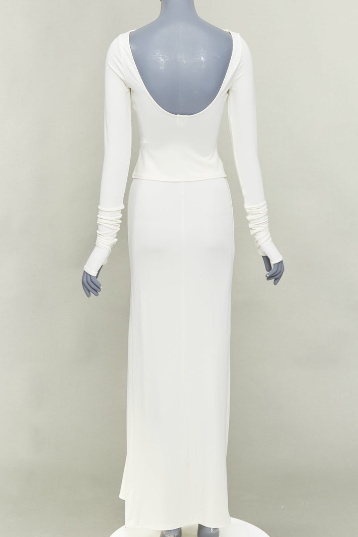 HELSA 2023 ivory matte jersey boatneck backless top draped wrap skirt set XS