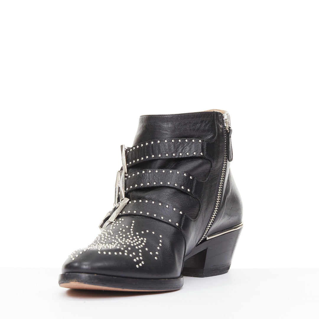 CHLOE Susanna black leather silver floral studded buckle grunge boots EU39.5