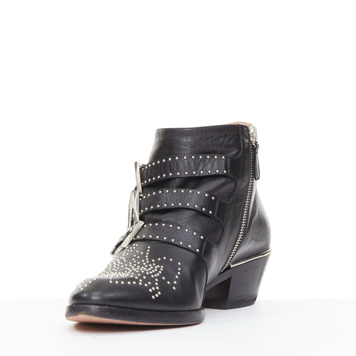 CHLOE Susanna black leather silver floral studded buckle grunge boots EU39.5