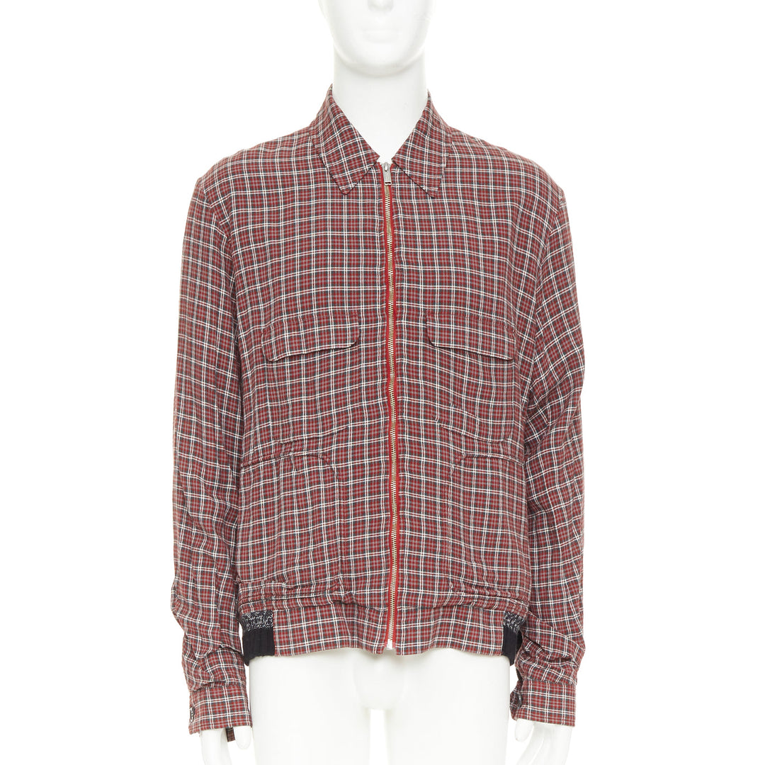 UNDERCOVER red green grey plaid check wool rib zip bomber shirt JP4 XL
