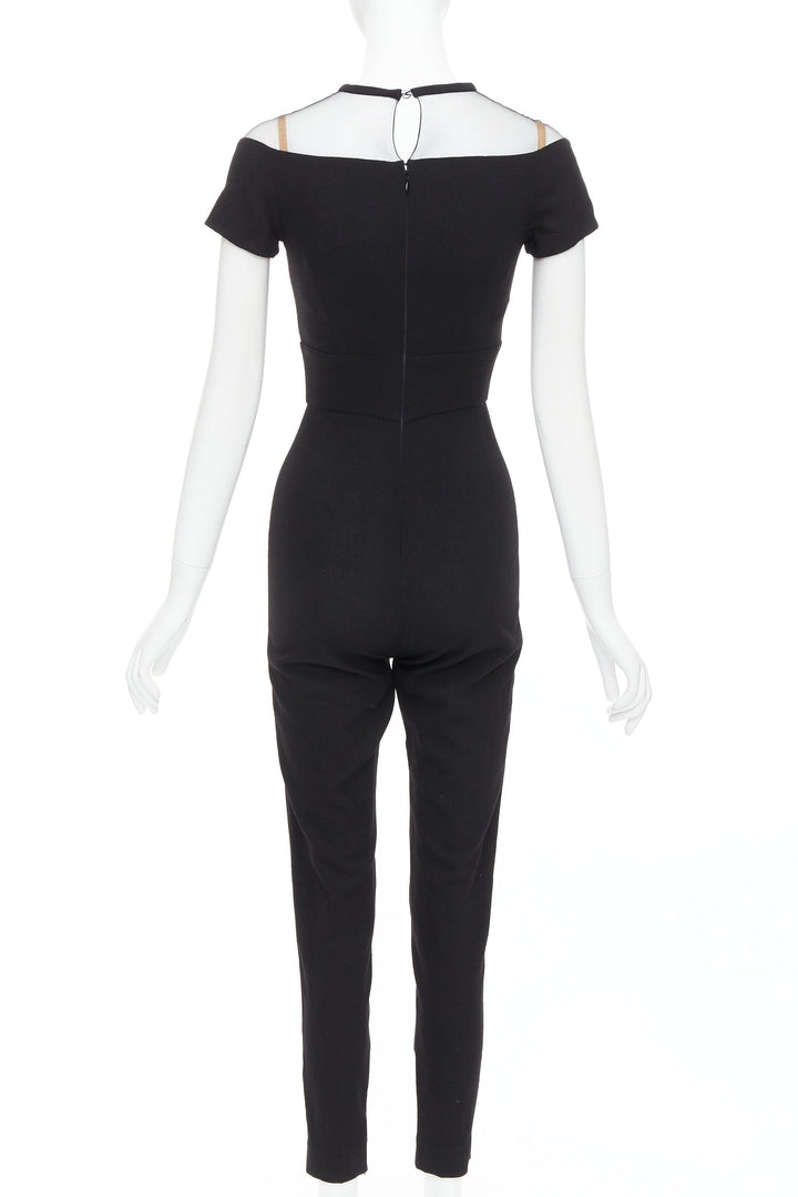 LA PERLA black crepe wool blend sheer plunge jumpsuit IT36D S