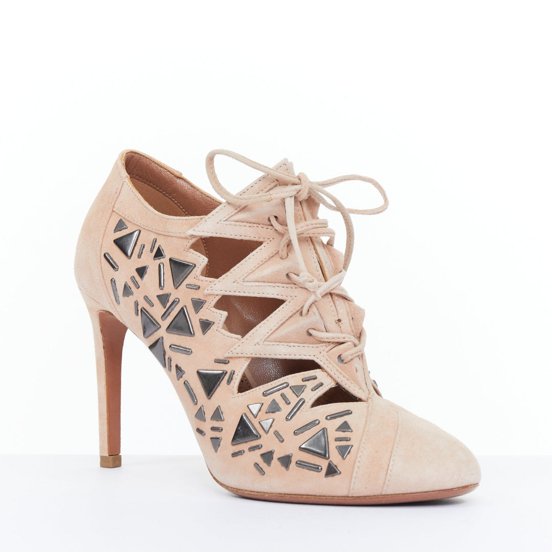 ALAIA 2014 Adelia blush pink suede geometric micro stud lace up booties EU36
