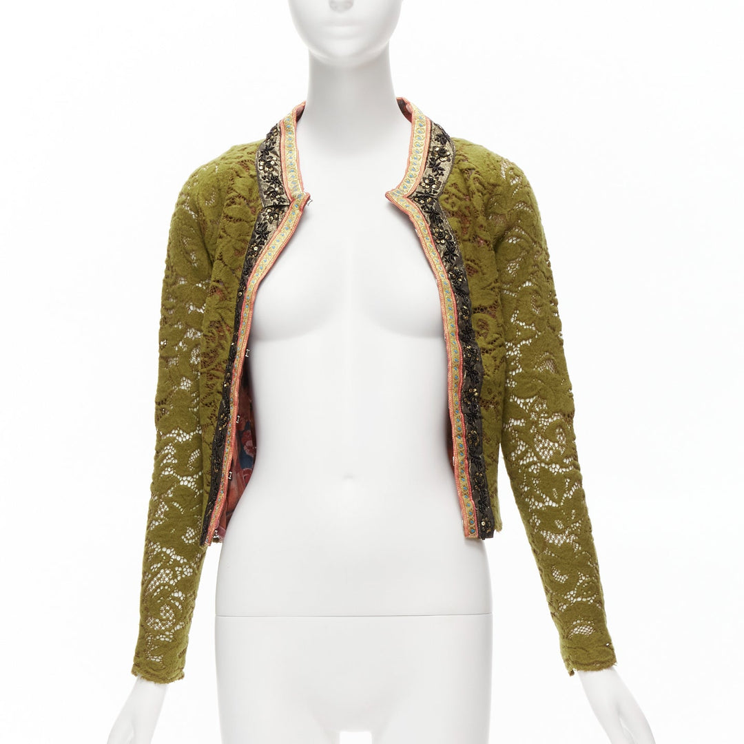 VOYAGE INVEST IN THE ORIGINAL LONDON gold beaded moss green lace wool jacket M