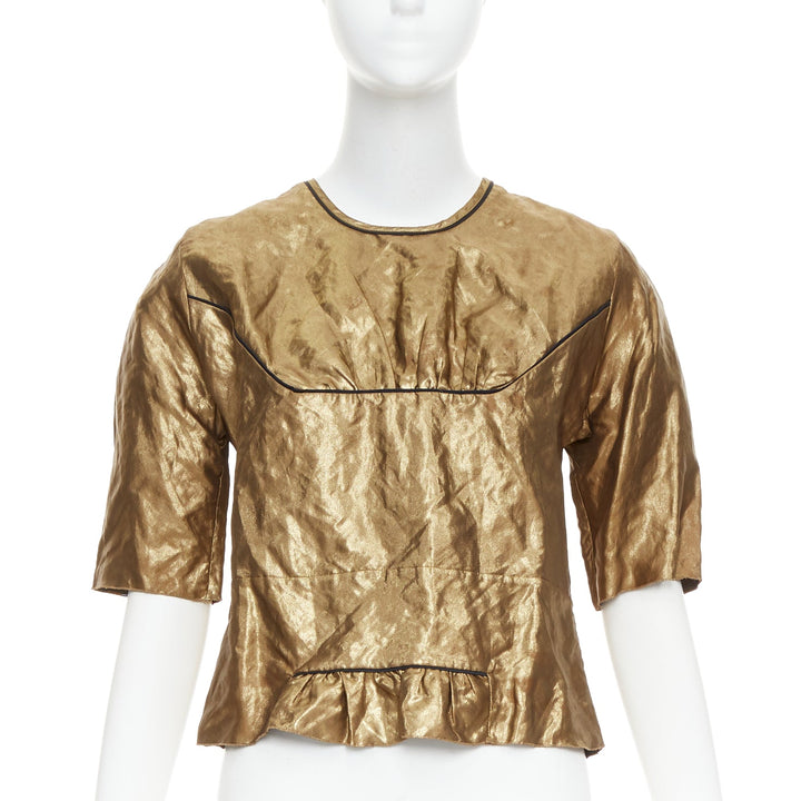 MARNI 2010 metallic gold coated black piped boxy half sleeved cropped top IT40 S