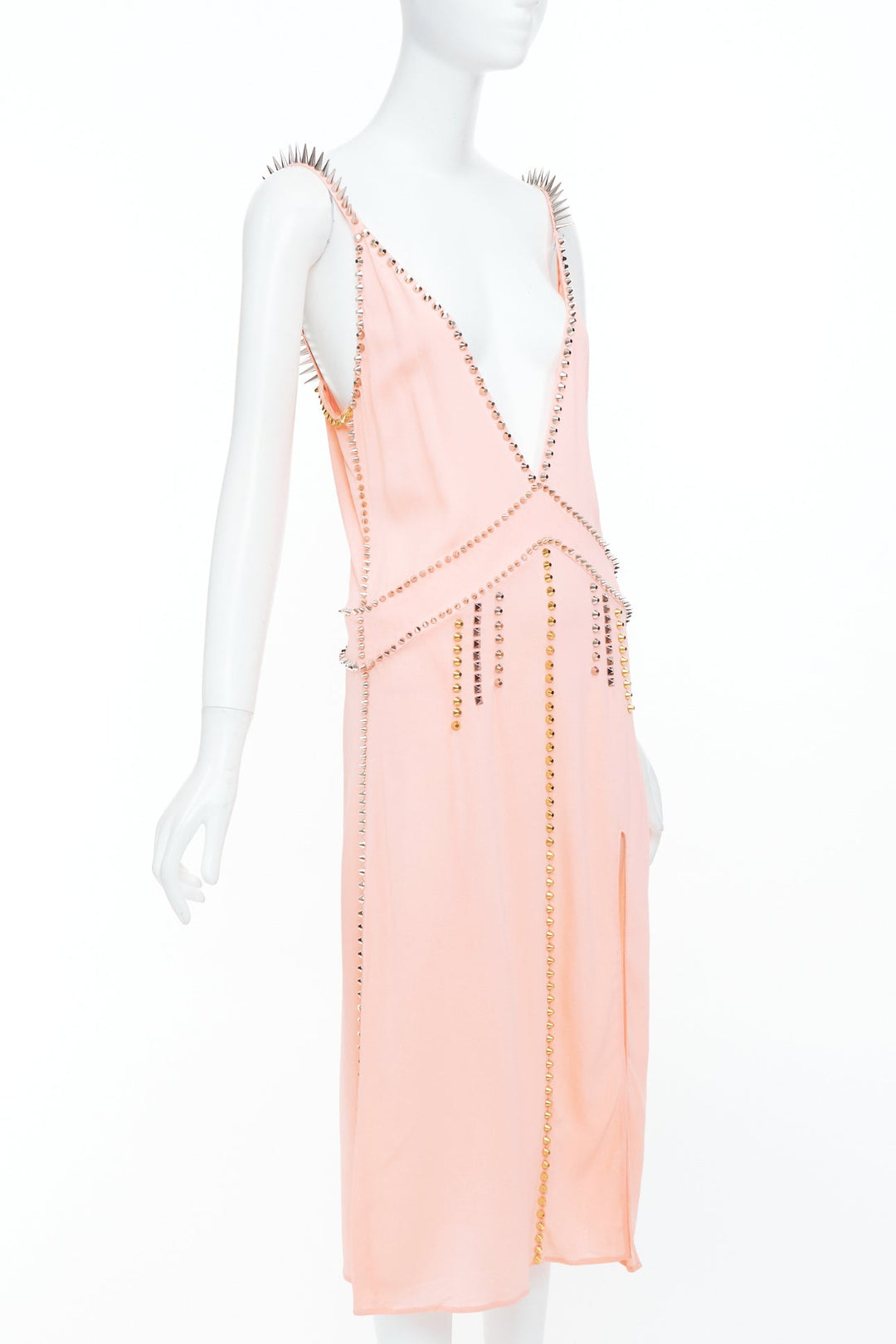rare MIU MIU 2021 pink punk spike studded embellished plunge neck dress IT36 XXS