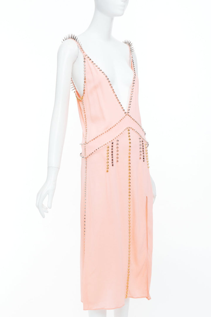 rare MIU MIU 2021 pink punk spike studded embellished plunge neck dress IT36 XXS