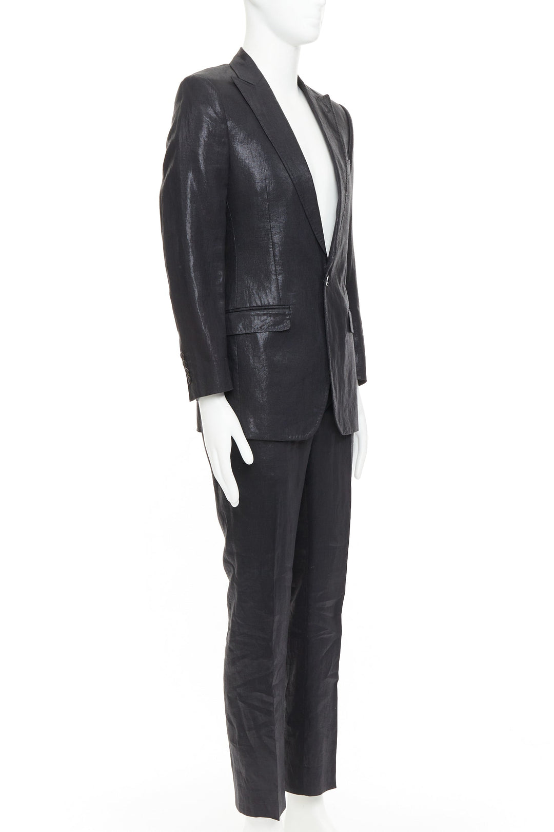 DOLCE GABBANA black linen metallic coated half canvas flap pocket suit IT44 XS