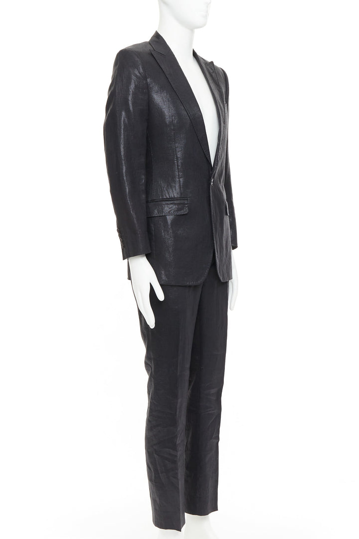 DOLCE GABBANA black linen metallic coated half canvas flap pocket suit IT44 XS
